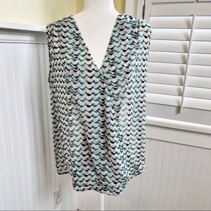 Cabi 342 Tweet Bird Teal & Navy Blue Sleeveless Wrap Blouse Medium